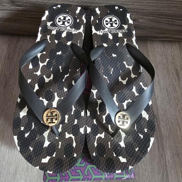 Tory Burch Black and Brown Wedge Flip Flops - Picture 1 of 5